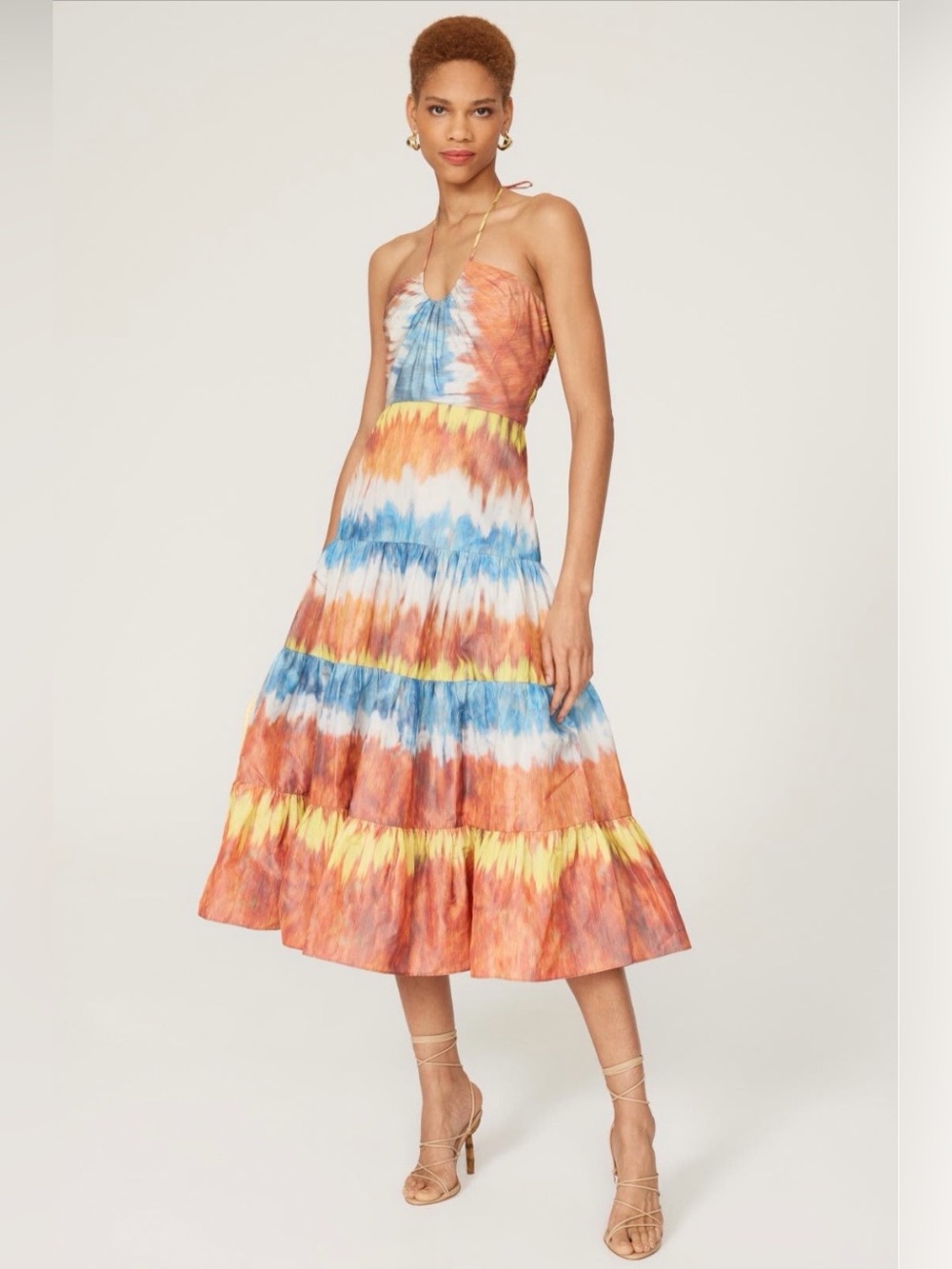 Alexis~Tie-Dye Roberta Halter Midi Dress in Orange, Blue & Yellow~Size L~$895~